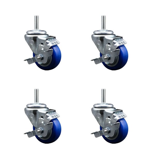 Service Caster 3 Inch Blue Polyurethane Wheel Swivel 58 Inch Threaded Stem Caster Set with Brake SCC SCC-TS20S314-PPUB-BLUE-TLB-58212-4 - main